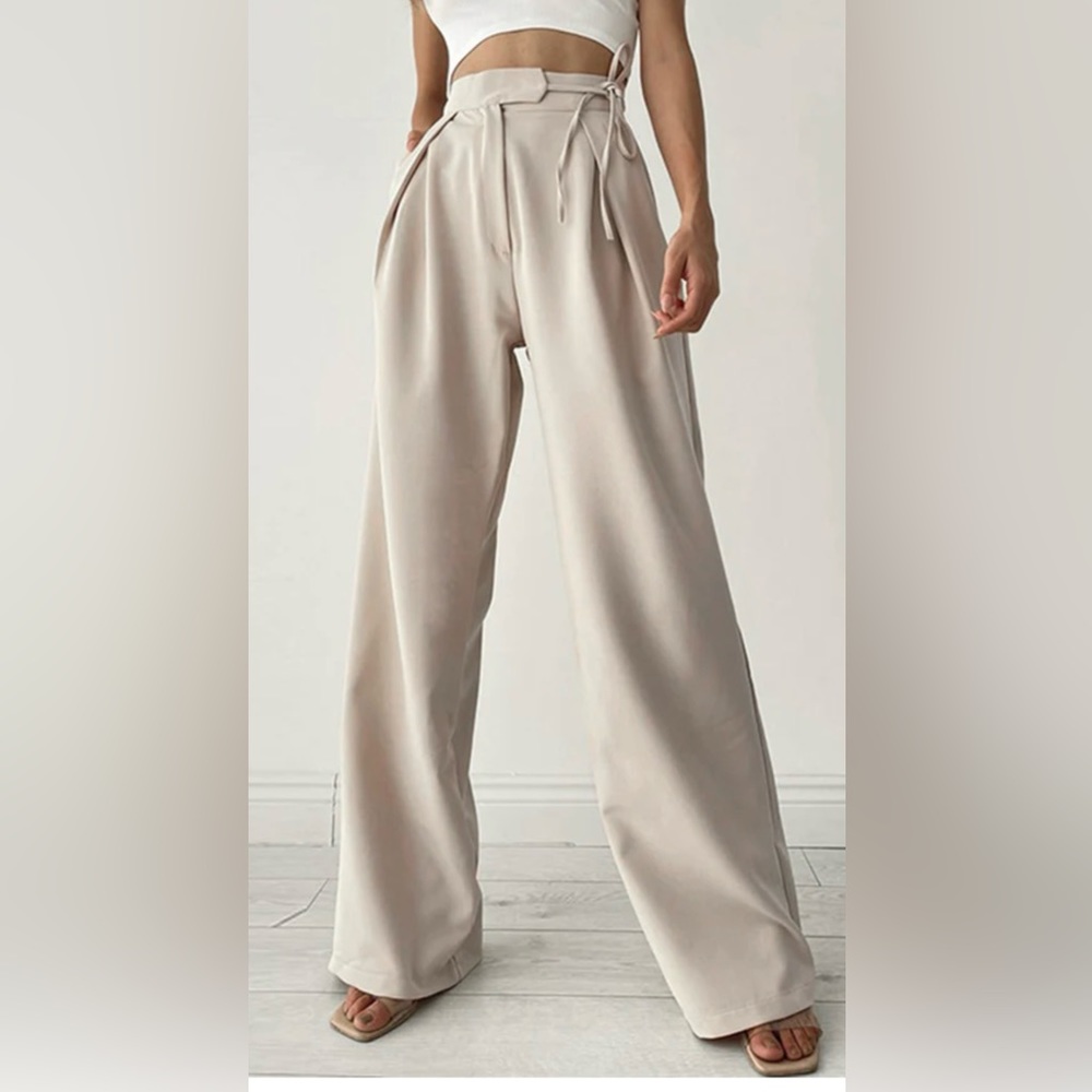 Commense Palazzo Tied Wide Leg Dress Pants in Beige Size Small